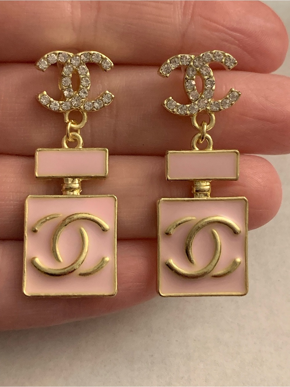 Brand New Gold-Tone Earrings with Pink Enamel & Crystal CC Logos